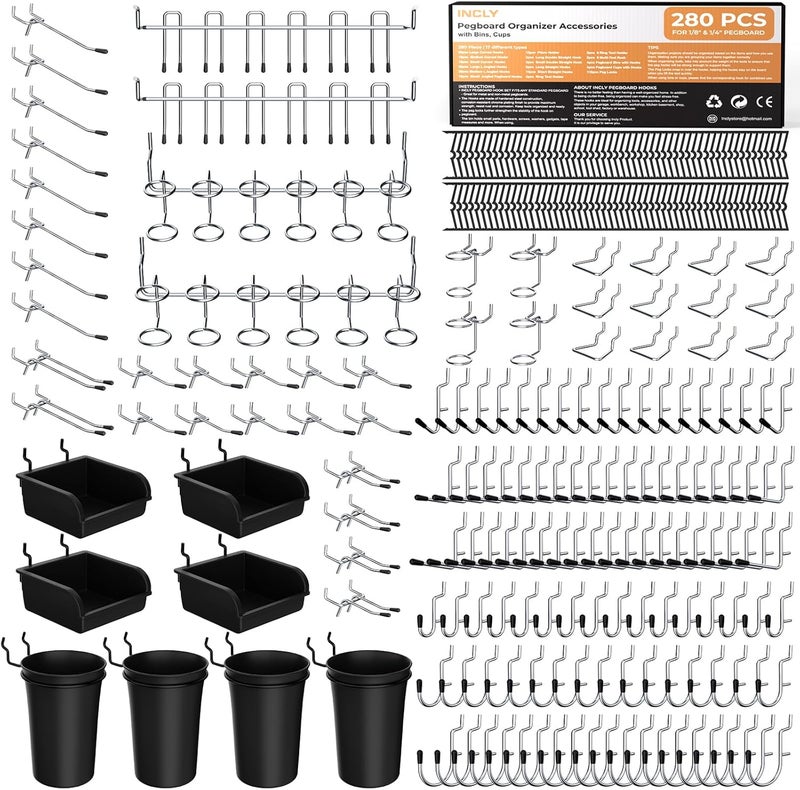 INCLY 280PCS Upgraded Pegboard Accessories Organizer Kit, Peg Board Hooks Assortment with Bins & Cups for Organizing Tools, Fit 1/8 or 1/4 inch Pegboard for Garage Workshop Wall Hanging Tools - Image 1